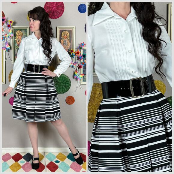 Vintage 1970s Black and White Striped Long Sleeve Pleated Belted Minidress - Picture 1 of 8